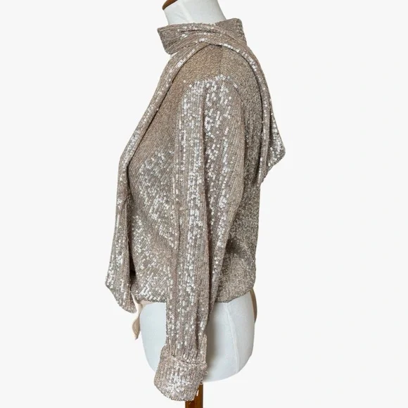 Jonathan Simkhai Sequin Metallic Long Sleeve Tie Neck Champagne Glam Bodysuit XS - Picture 4 of 9